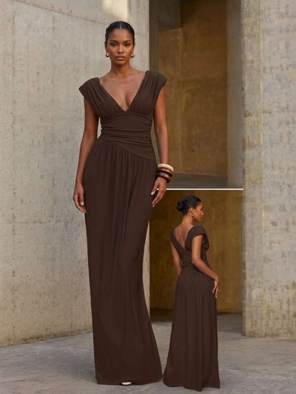NWOT 🩷Lumalex Women's Elegant  Dark Brown Ruched V-Neck Maxi Dress🩷